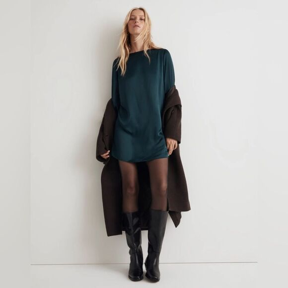 NWOT Madewell | Satin Shift Mini Dress Smokey Spruce Green Size Small - Picture 6 of 12
